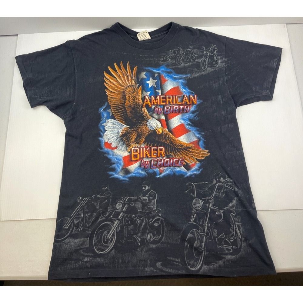 VTG 90s CMJ American Biker T Shirt Size L USA Single Stitch Eagle All Over Print